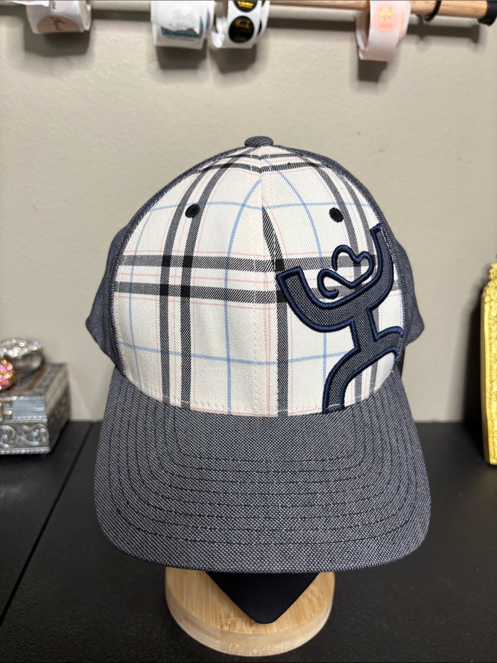 Women’s Hooey Small Medium Plaid Baseball Cap Navy Accent Flex Fit